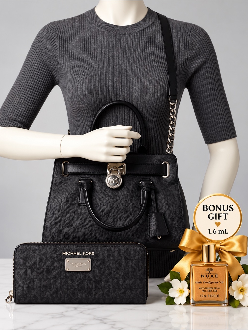 Michael Kors Black Hamilton Satchel & Signature Wallet Set+Nuxe 1.6 ml Bonus Gif